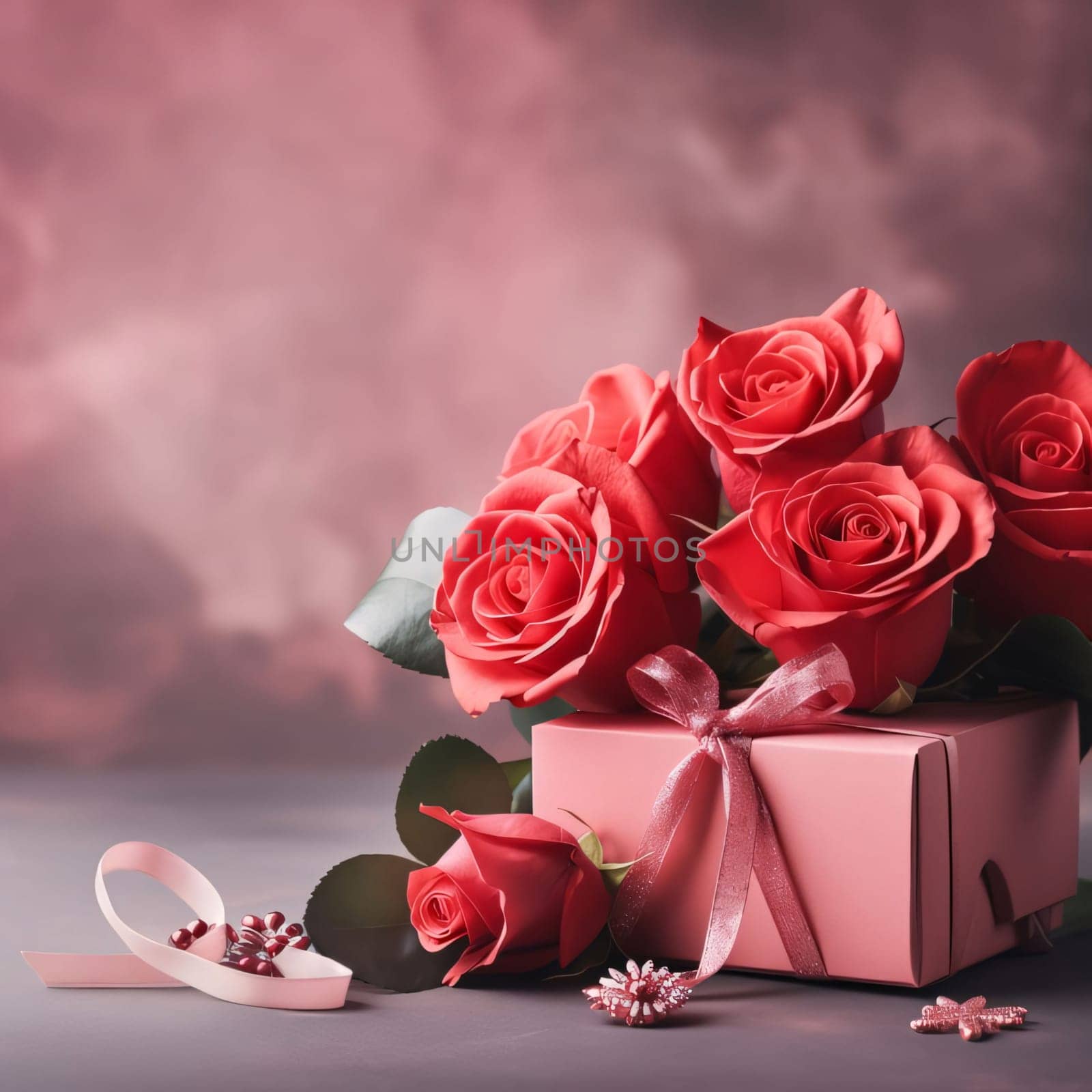 Red roses and a box, a gift with a bright bow. Heart as a symbol of affection and love. The time of falling in love and love.
