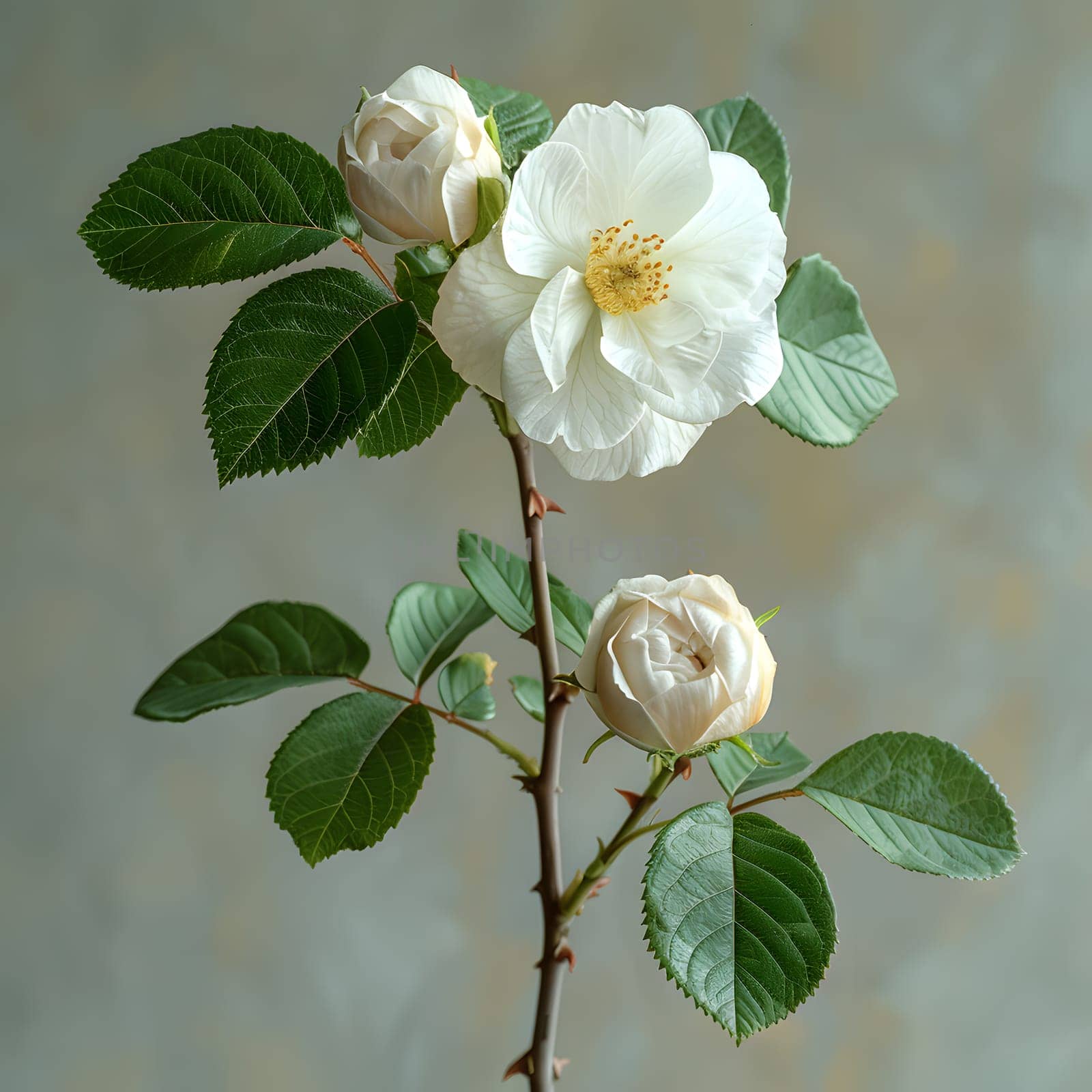 A white flower with a yellow center blooms among green leaves. This flower belongs to the Rose family and is a part of the Rose order, found on a twig of a subshrub