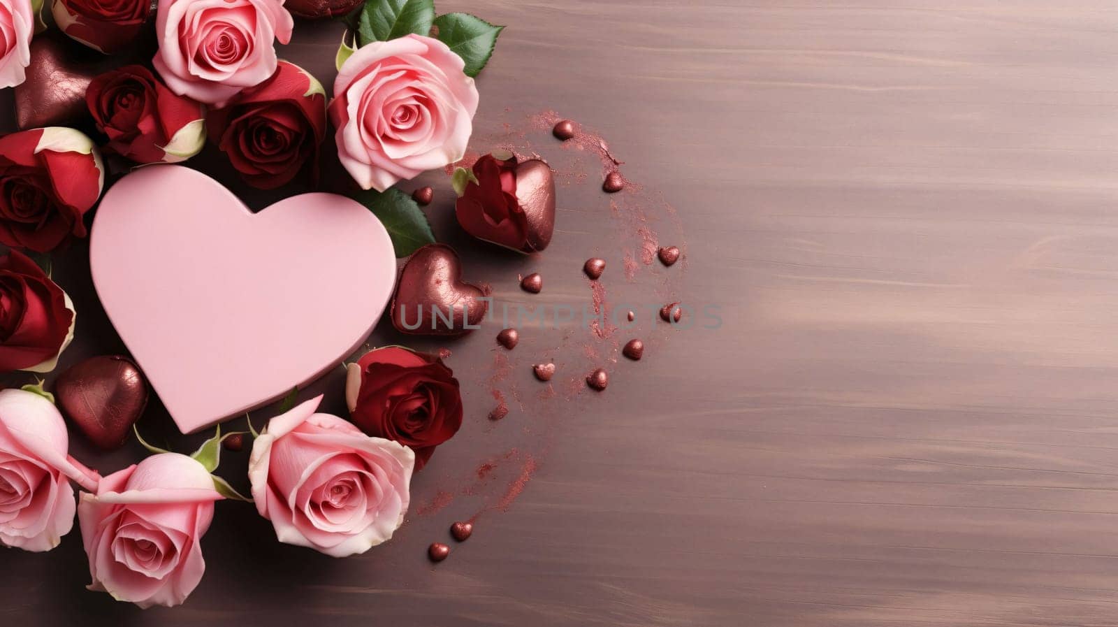 Top view of elegantly arranged roses and hearts on the left.Valentine's Day banner with space for your own content. by ThemesS