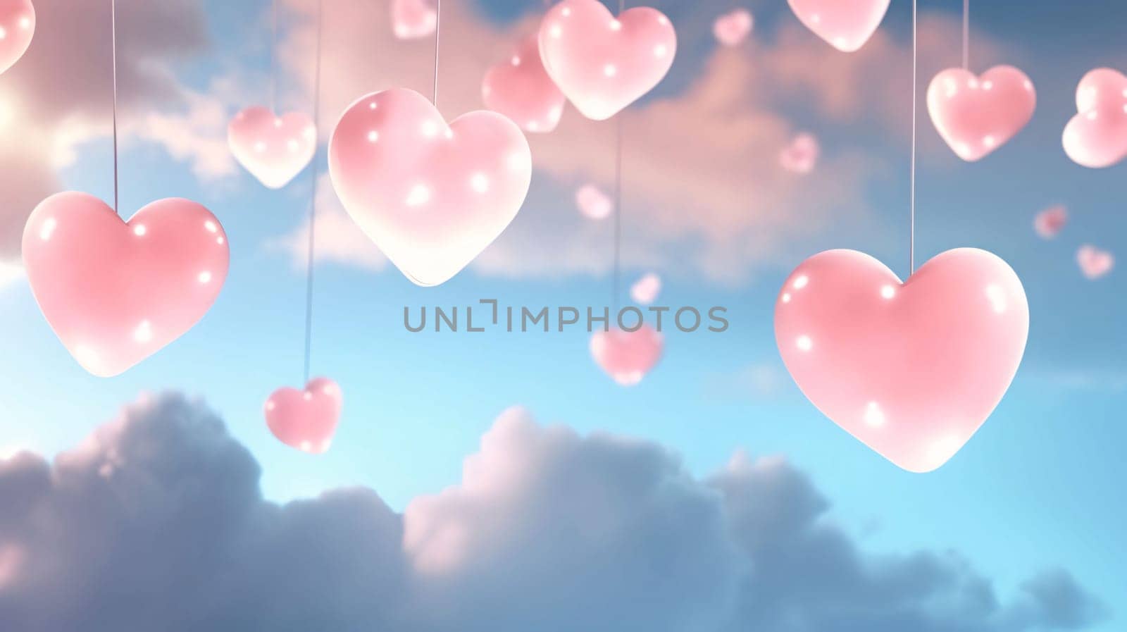 Pink hearts flying in clouds, sky all around.Valentine's Day banner with space for your own content. Heart as a symbol of affection and love.