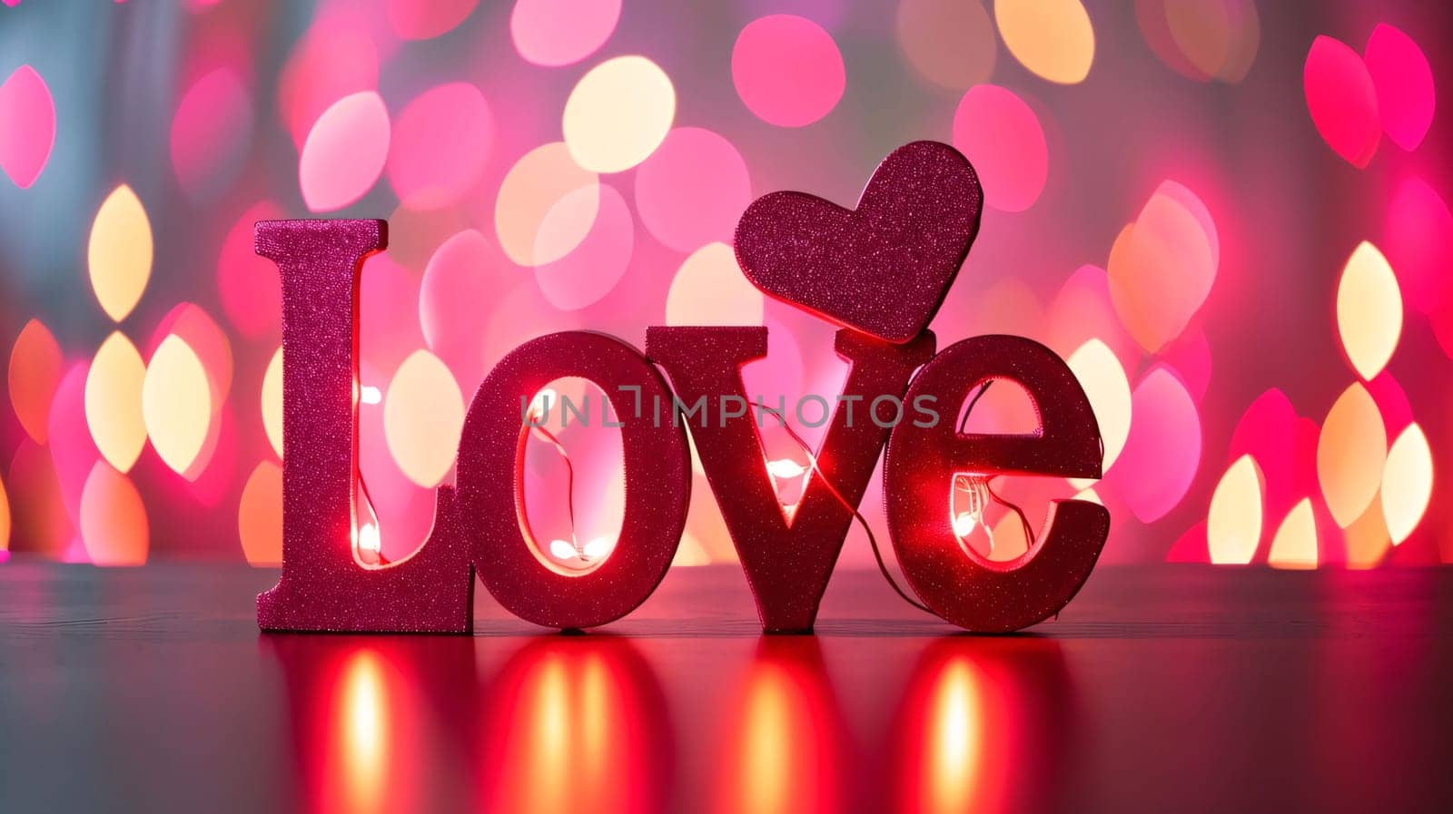 The inscription "love" on a wooden table, around rose petals, red hearts and lights in the background.Valentine's Day banner with space for your own content. Heart as a symbol of affection and love.