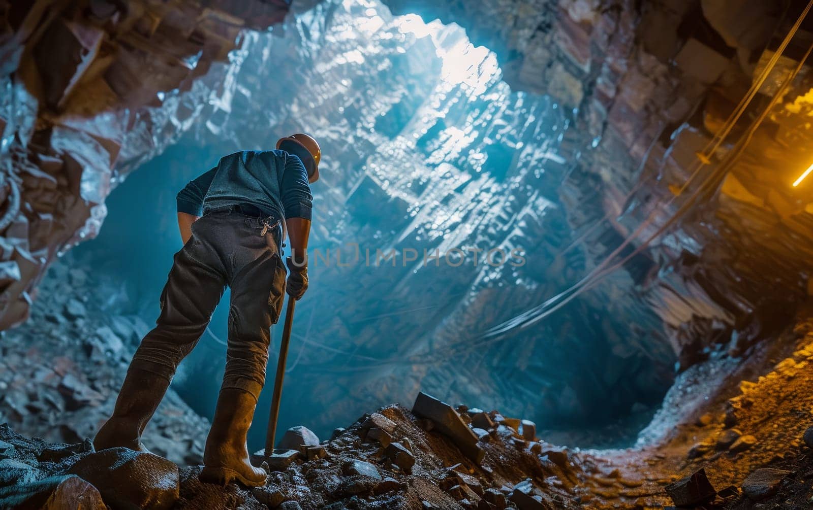 Miner pausing to overlook the expanse of a sprawling mine shaft. by sfinks
