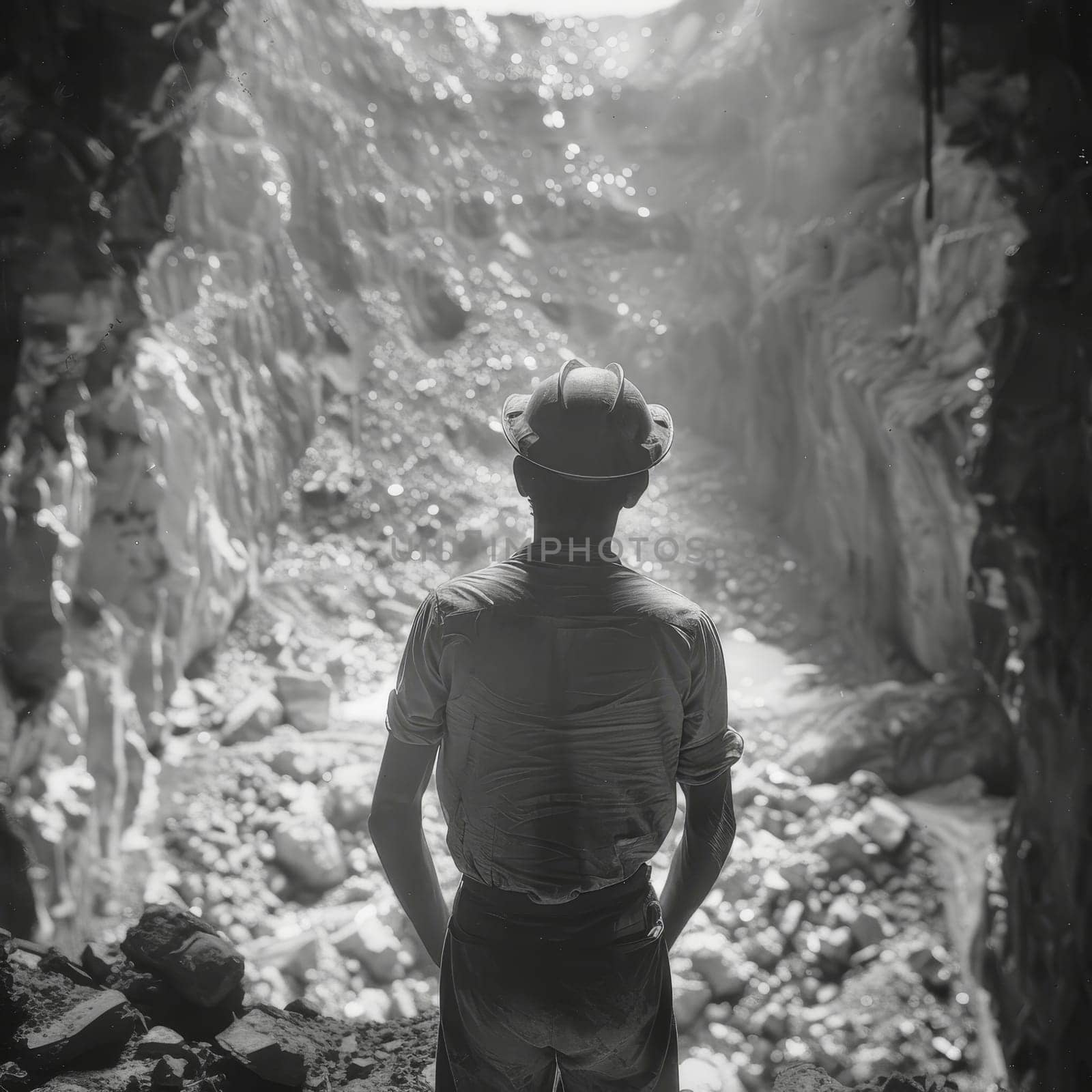 Miner stands contemplatively at the precipice of a sunlit mine entrance