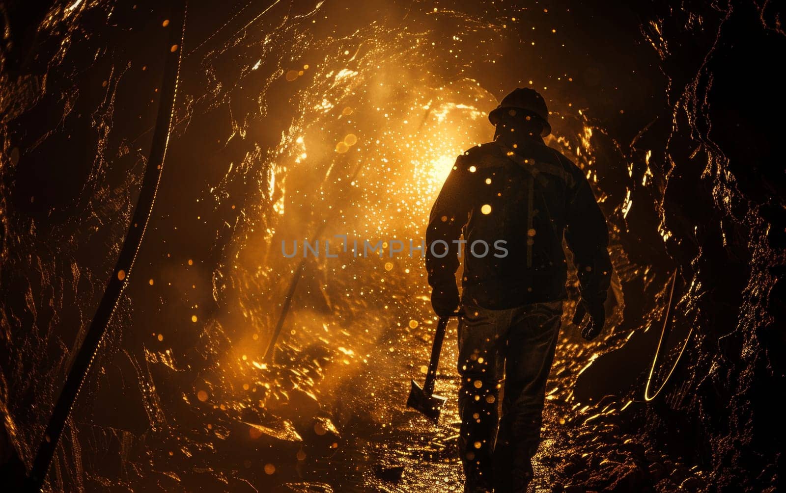 Miner walking in a tunnel, illuminated by a warm golden light, carrying a pickaxe