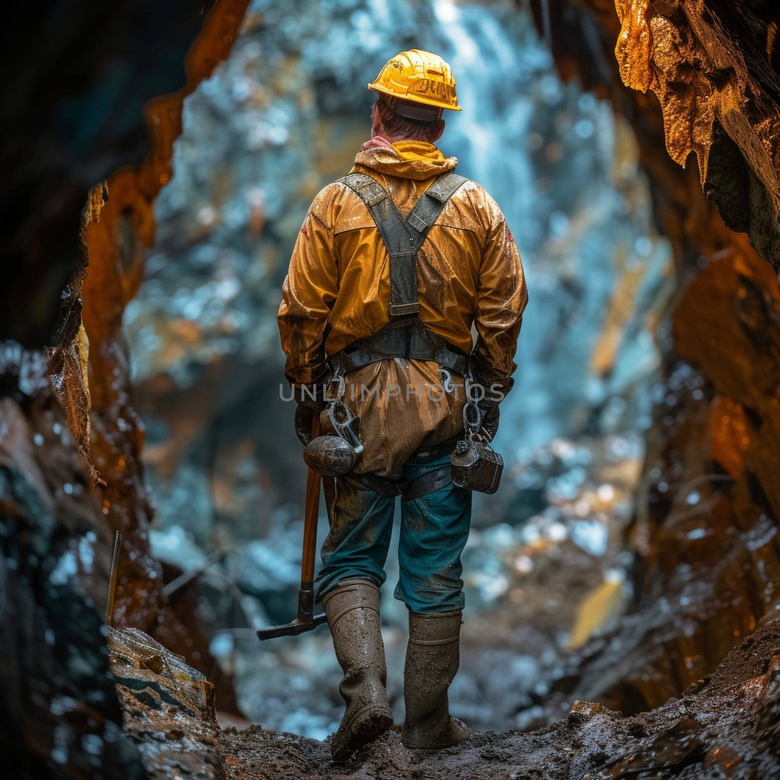 Miner in reflective gear standing in a mine shaft, contemplating the ore-rich passage