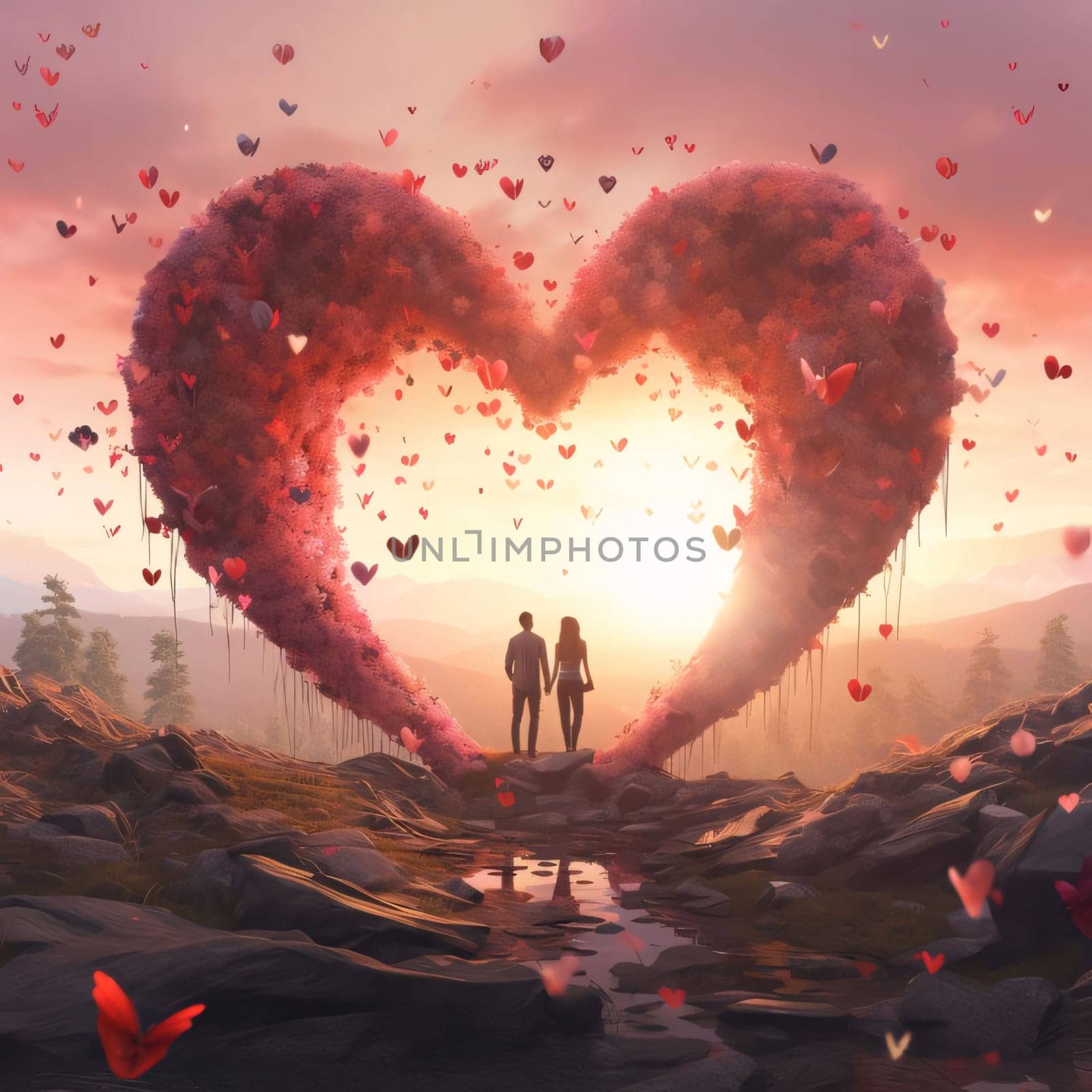 A couple in love in the middle of a big pink heart around a flying small heart, a sunset, a garbage dump. Heart as a symbol of affection and love. The time of falling in love and love.