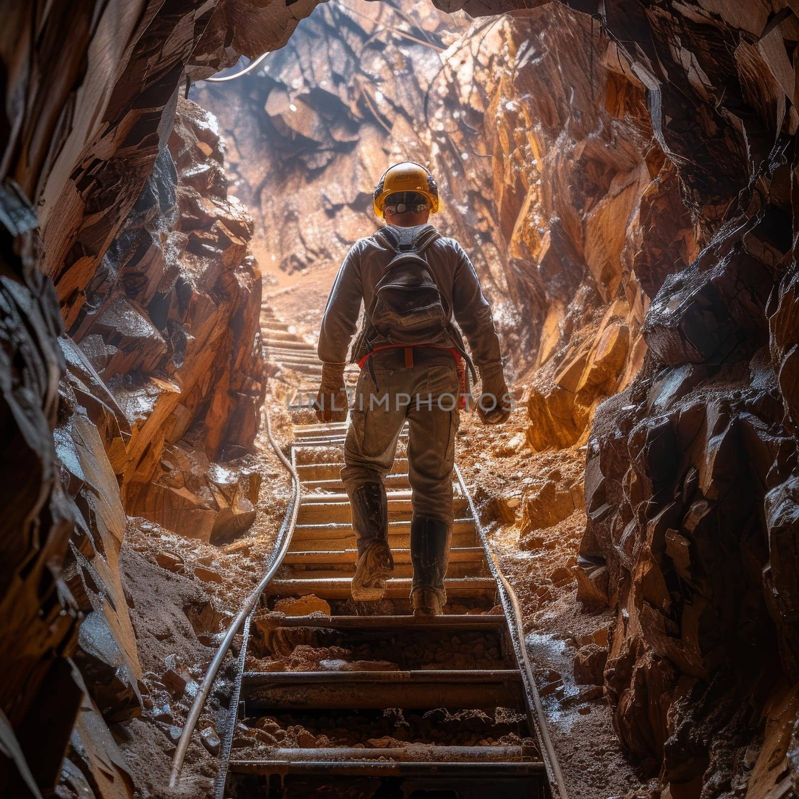 Miner climbing the railway tracks in a rocky mine shaft lit by sunlight from above. by sfinks