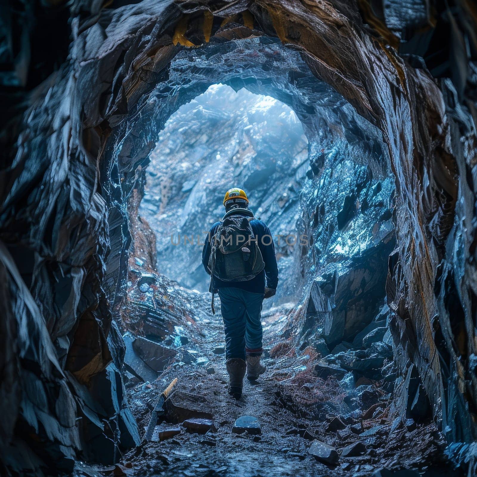 Miner with backpack walking through a crystal-lined tunnel towards daylight