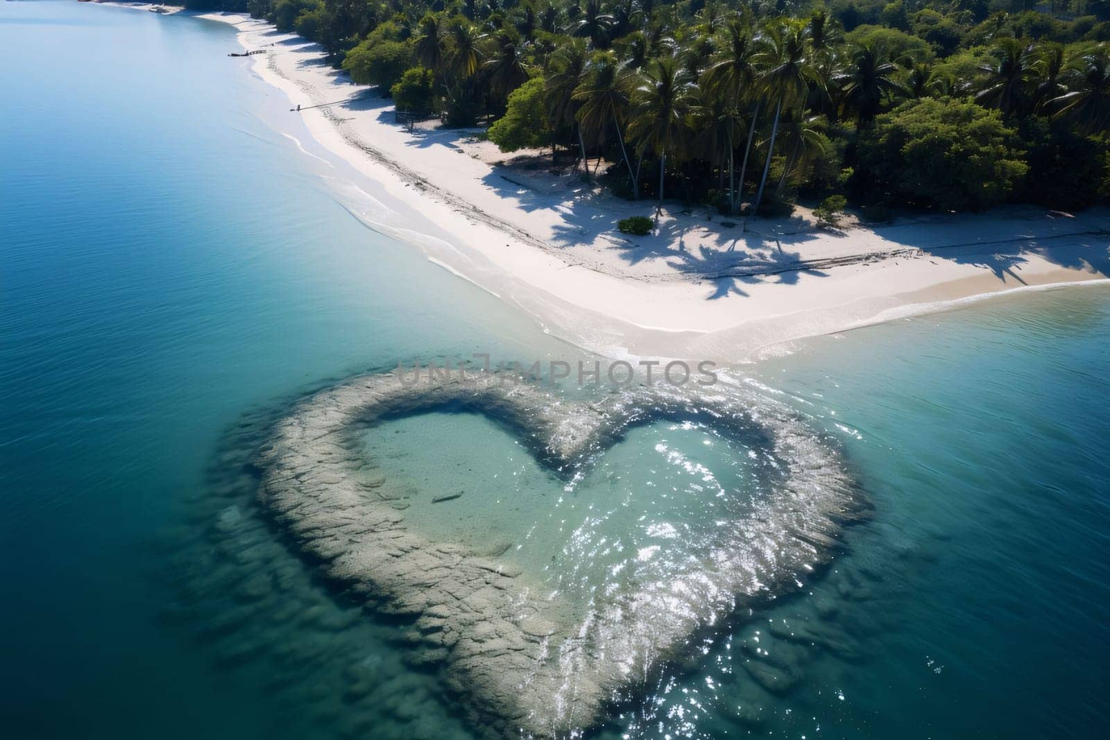 A heart made of stones covered with water on the beach, view from a drone. Heart as a symbol of affection and love. The time of falling in love and love.