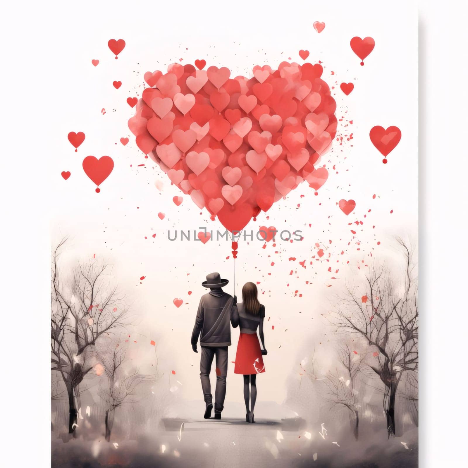 A couple in love standing under a large heart made of tiny hearts on a light background, with dry tree trunks all around. Heart as a symbol of affection and love. The time of falling in love and love.