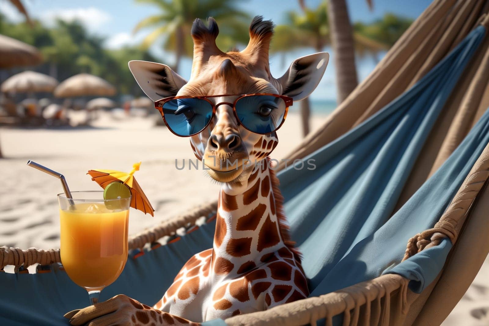 happy giraffe on the beach in summer drinking a cocktail by Rawlik