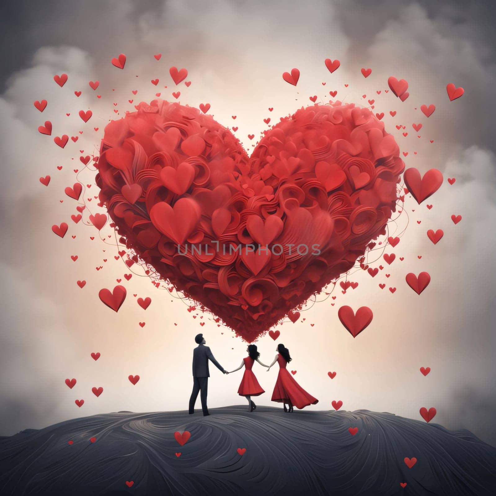 A man and two women standing under a big red heart made of tiny hearts. Heart as a symbol of affection and love. The time of falling in love and love.