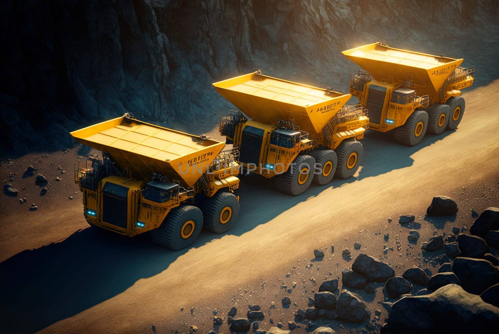 Dump truck for heavy industry mining. Ore or coal mining site with huge yellow vehicles. Industrial transport. Generated AI