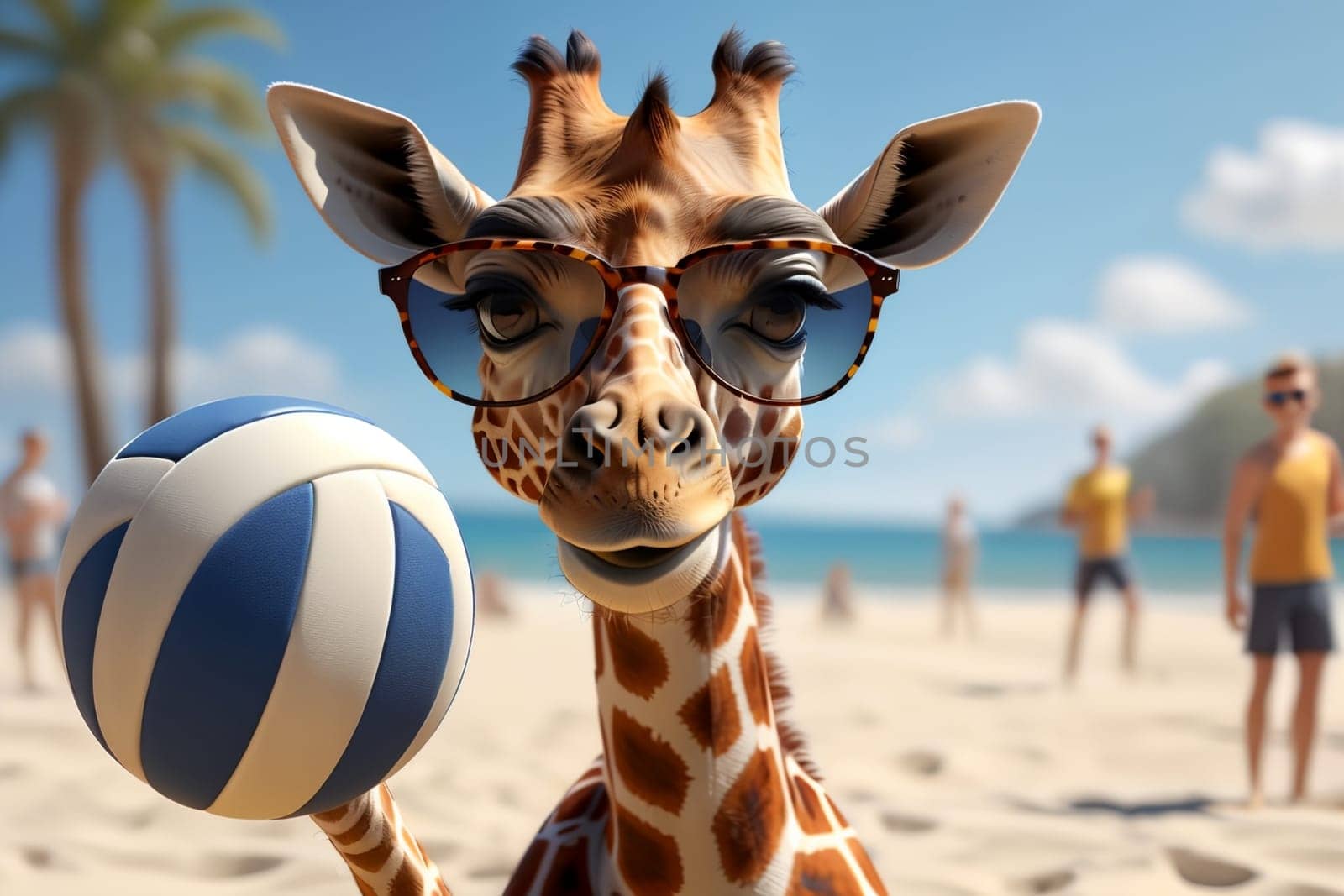 happy giraffe on the beach in summer playing volleyball by Rawlik
