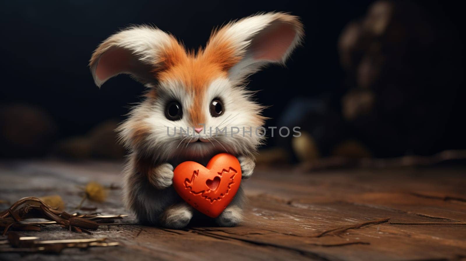 Cute fluffy rabbit hugging red heart. Valentine's Day greetings from romantic bunny holding heart. Generative AI