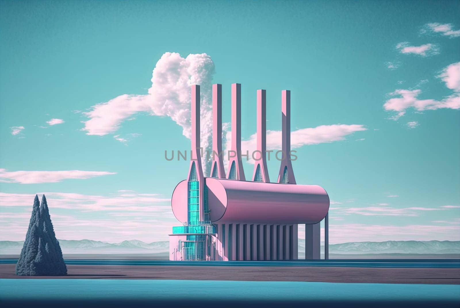 Vaporwave landscape with abstract building with pillars. 80s styled pink and blue minimalistic architectural scene. Generated AI