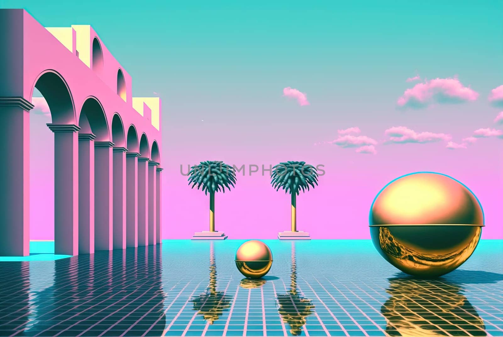 Abstract vaporwave scene with golden ball on the landscape with buildings. 80s styled pink and blue surreal architectural composition. Generated AI.