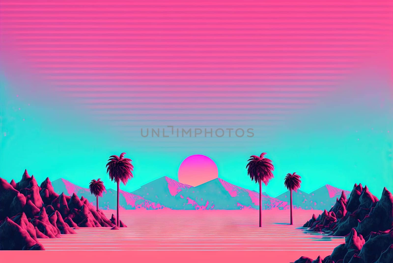 Calm and relaxing landscape with mountains in vaporwave style. Pink and blue view in 90s style. Generated AI