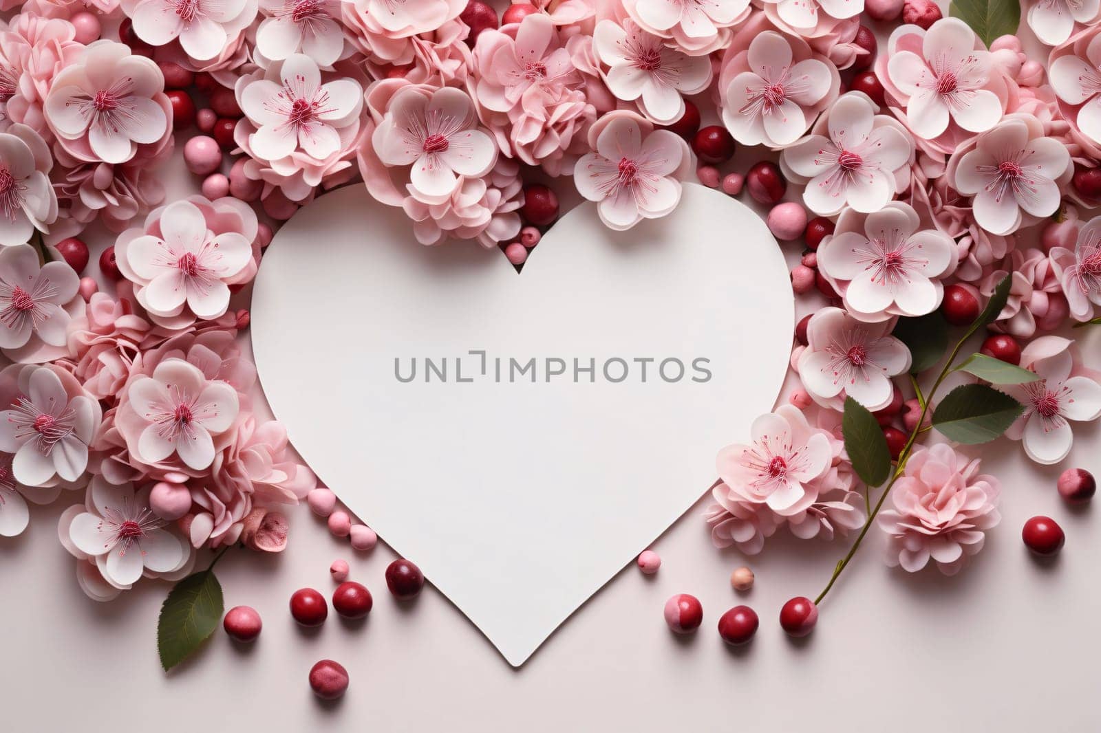 White heart, decorated with white pink flowers.Valentine's Day banner with space for your own content. Heart as a symbol of affection and love.