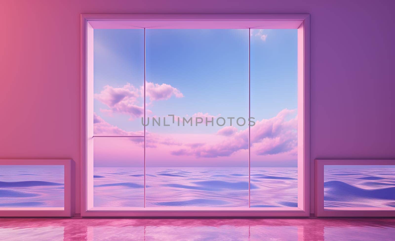 Open window with tropical landscape and ocean in vaporwave style. Purple sundown in 90s style room, vacation calmness frame. Generated AI