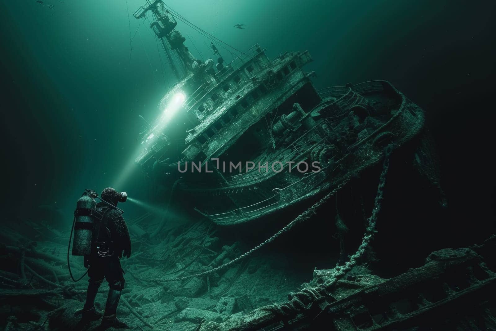 A diver with a flashlight explores the haunting depths of the ocean, casting light on the eerie remains of a sunken shipwreck