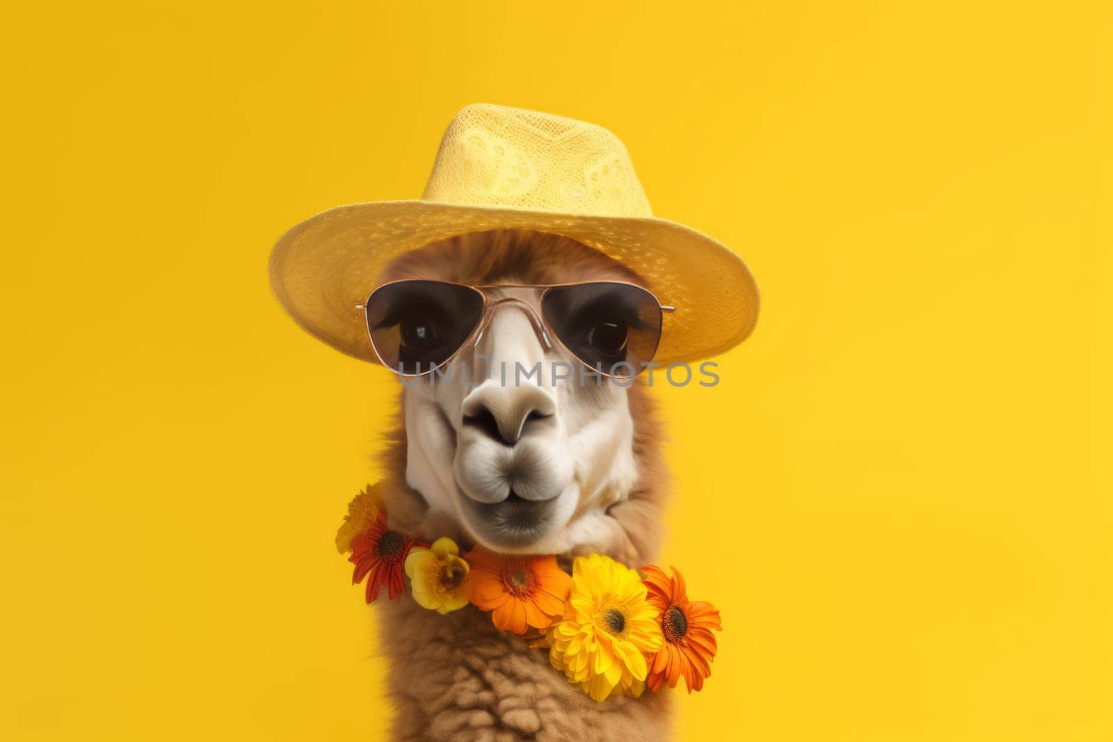 This well-accessorized llama wearing a straw hat and sunglasses presents a whimsical take on summer fashion, set on a sunny backdrop