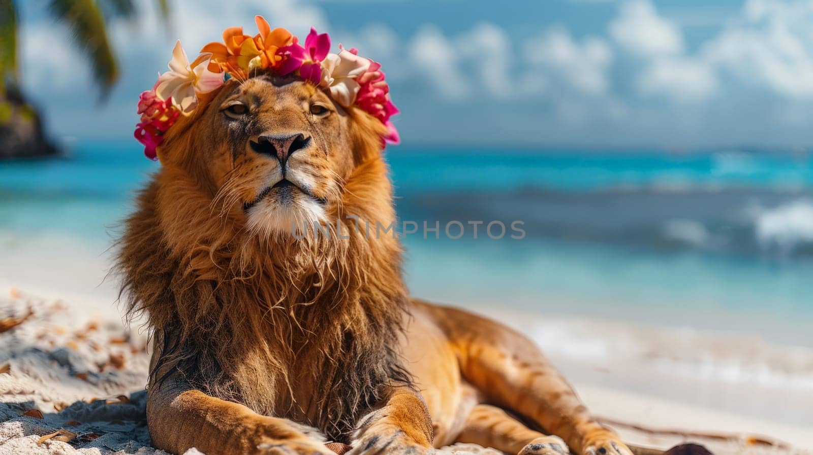 Summer background, A lion with hawaiian costume tropical palm and beach background by nijieimu