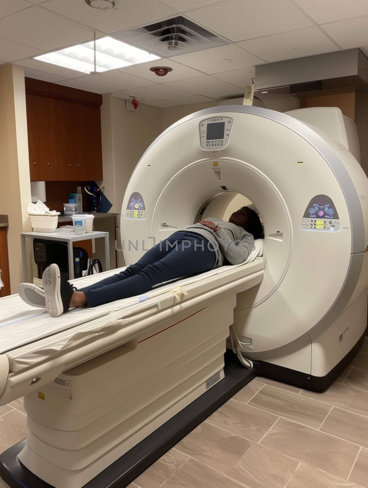 Individual lying in a hospital MRI scanner with a view of the control room in the background