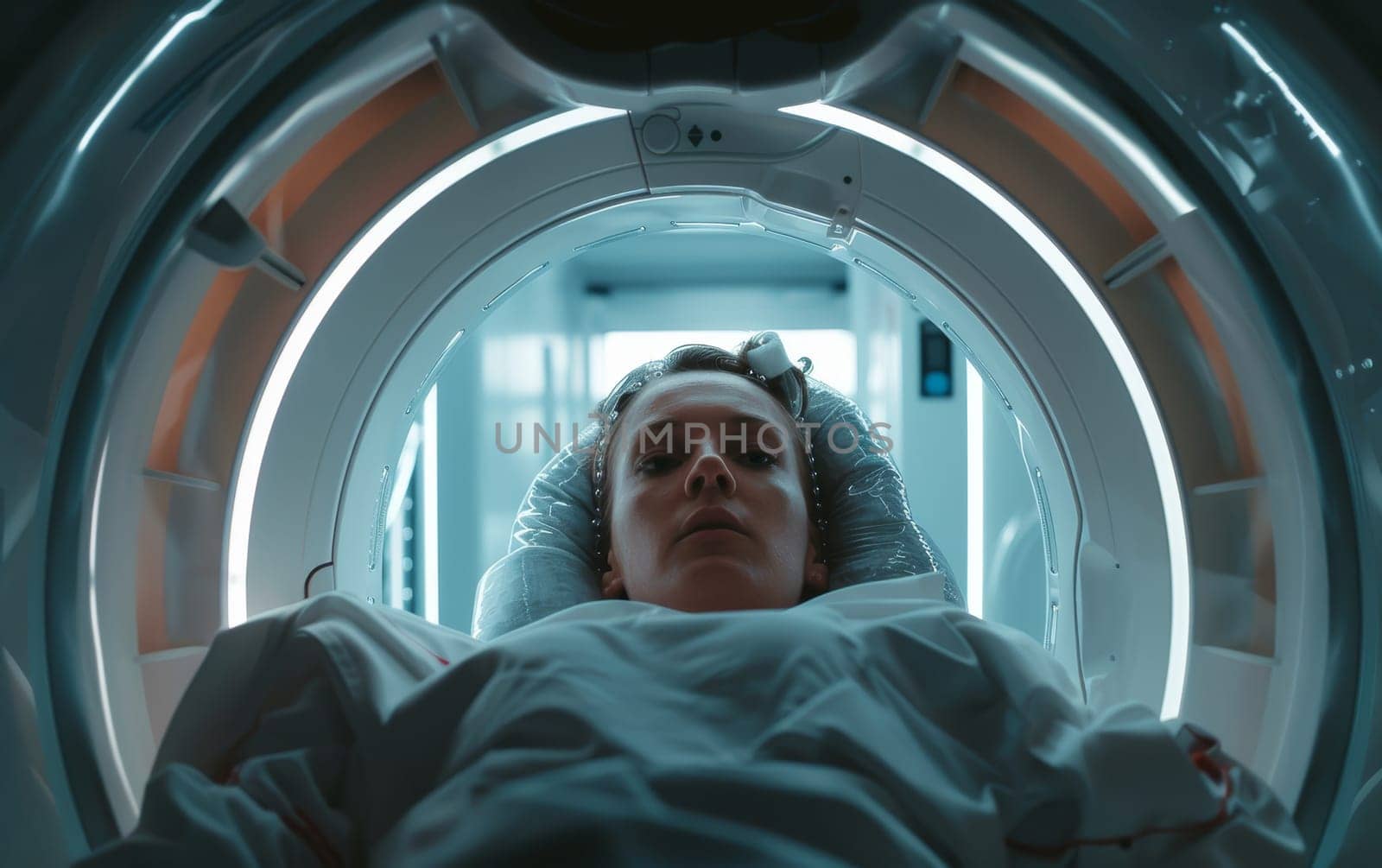 Woman with a pensive look inside an MRI scanner with a cool blue light. by sfinks