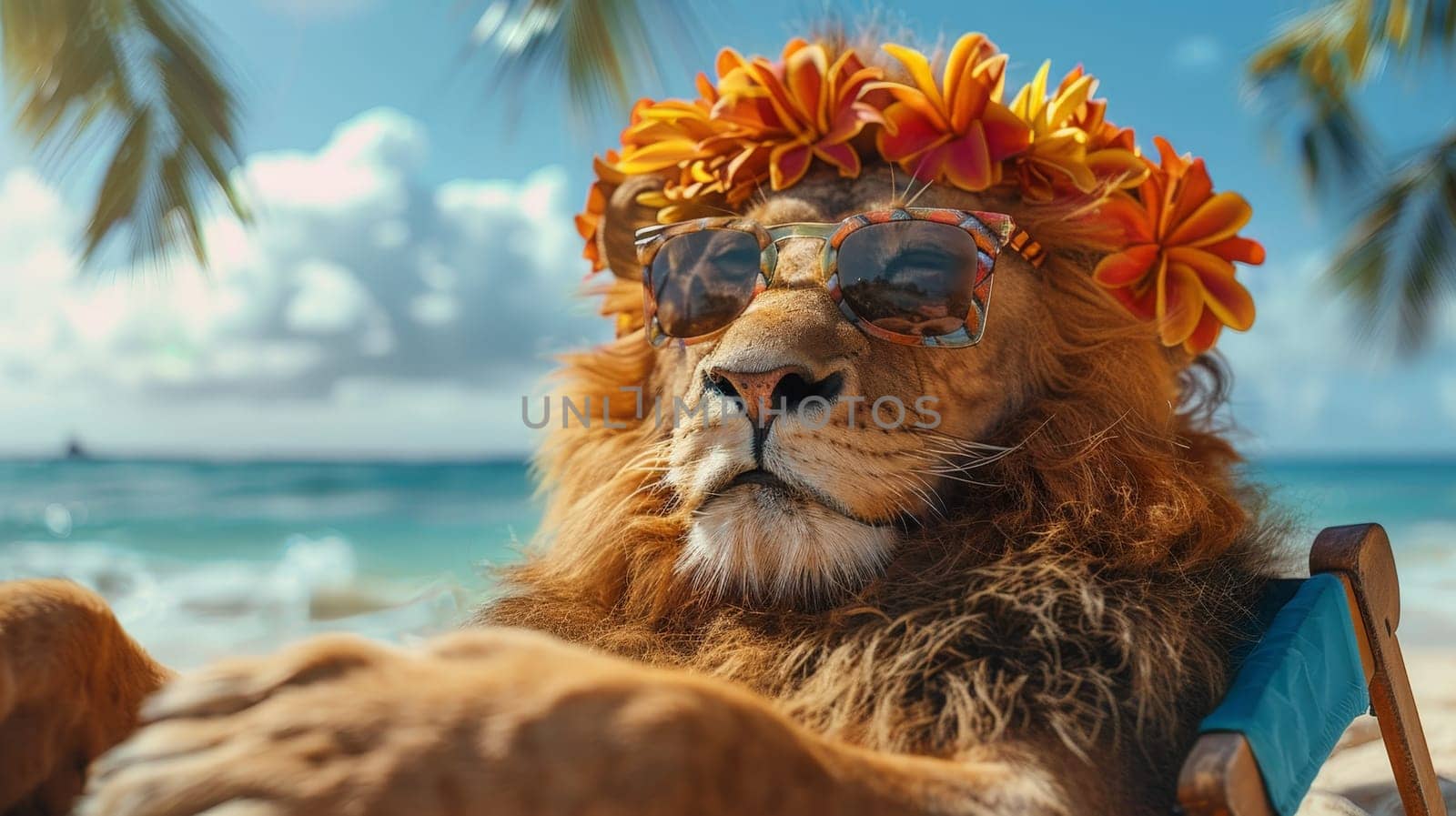 Summer background, A lion with hawaiian costume tropical palm and beach background by nijieimu