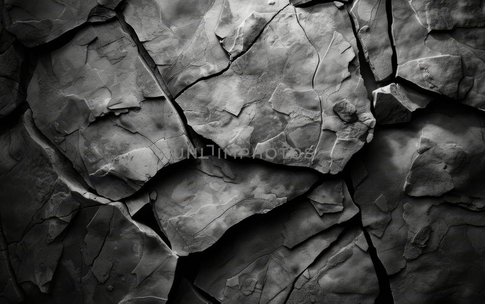 Monochrome image of a stone wall constructed with rectangular slates showing cracks and textures.