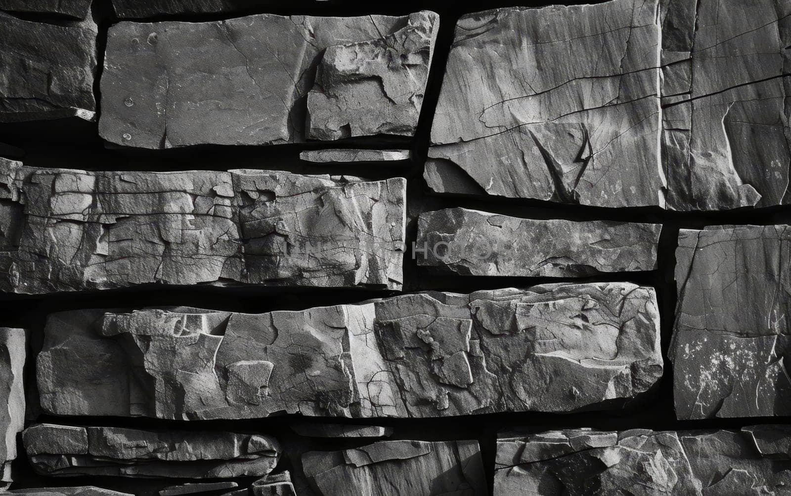 Monochrome image of a stone wall constructed with rectangular slates showing cracks and textures.. by sfinks