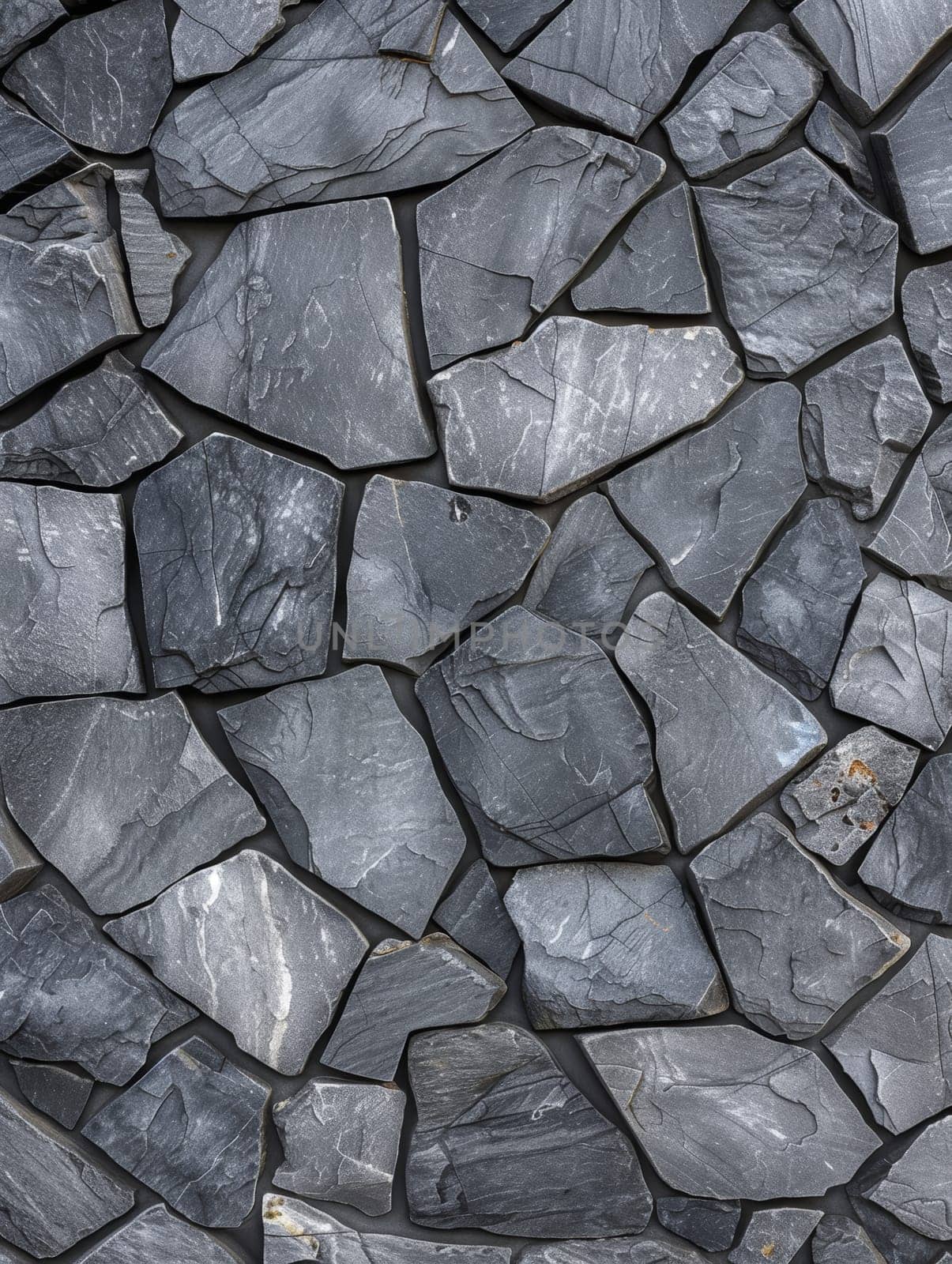 Close-up view of a textured gray slate wall with varied stone sizes and subtle color variations.. by sfinks