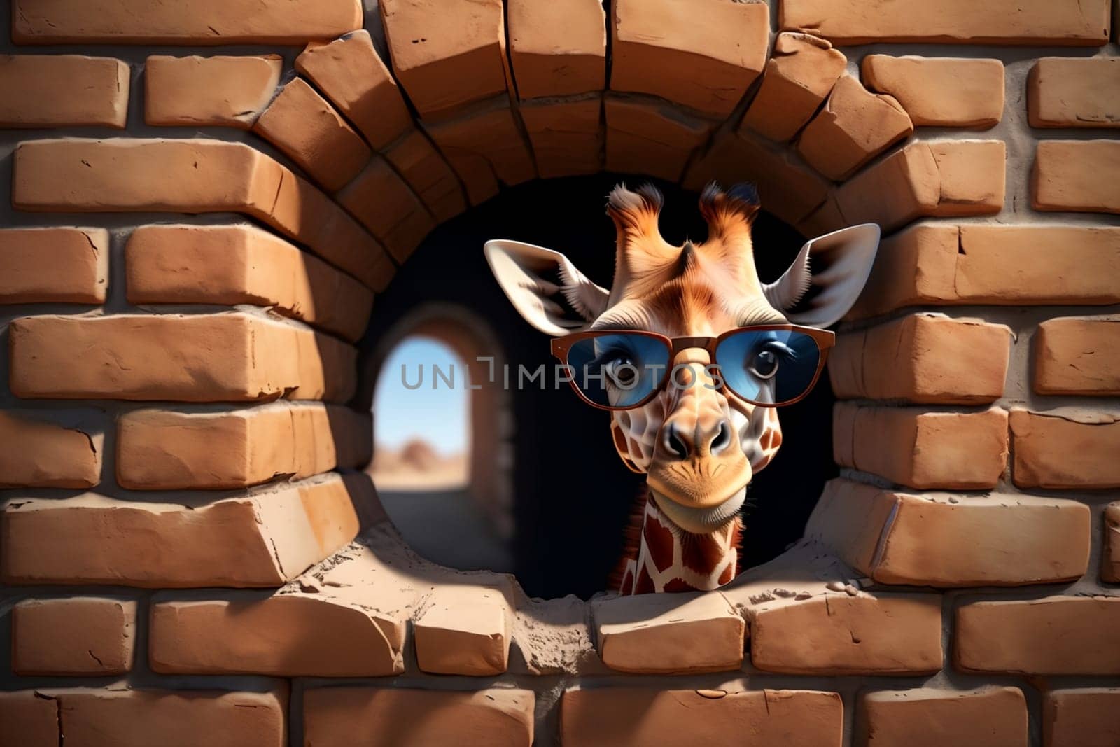 happy giraffe in summer against a brick wall background by Rawlik