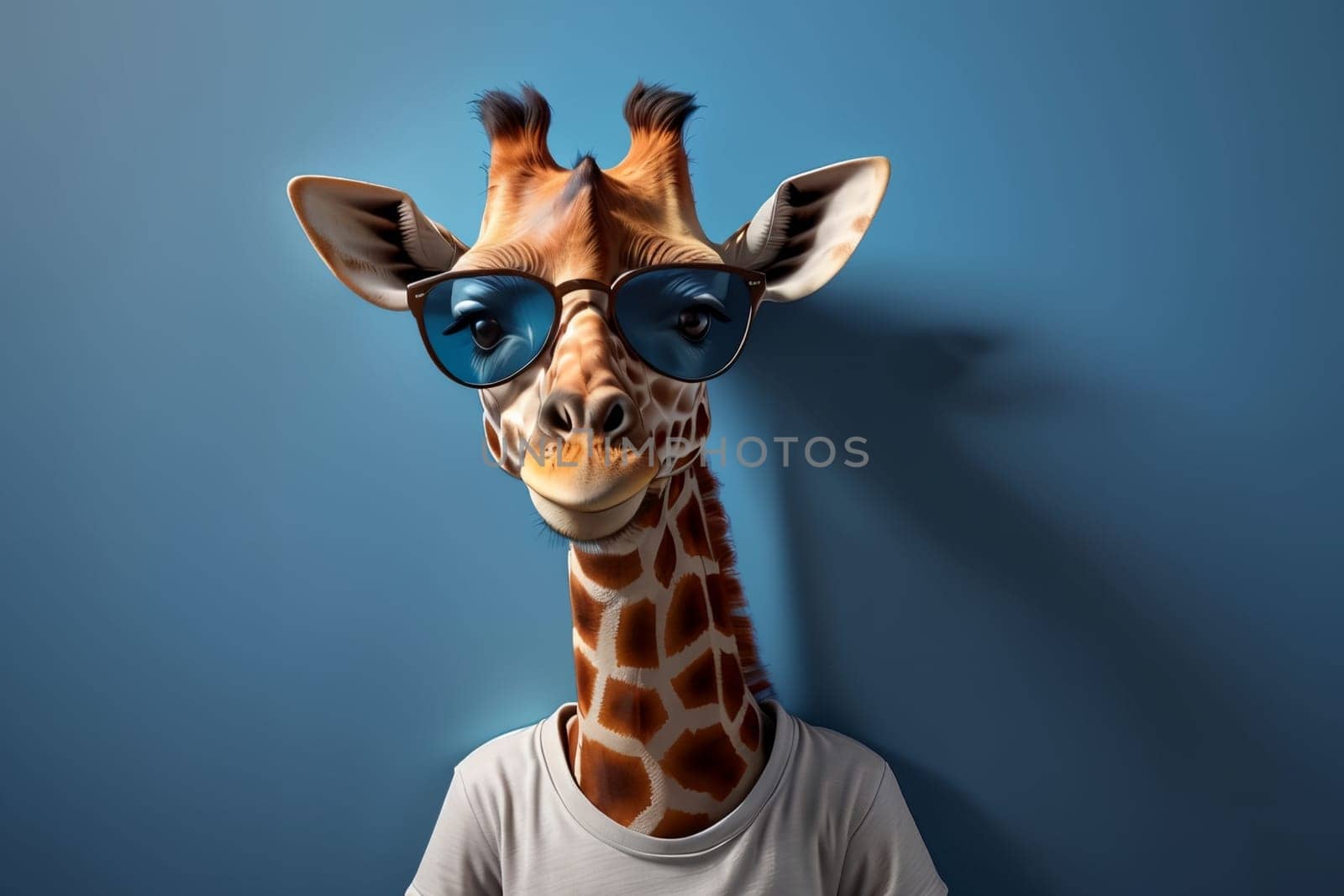 portrait of a giraffe standing on a blue background .