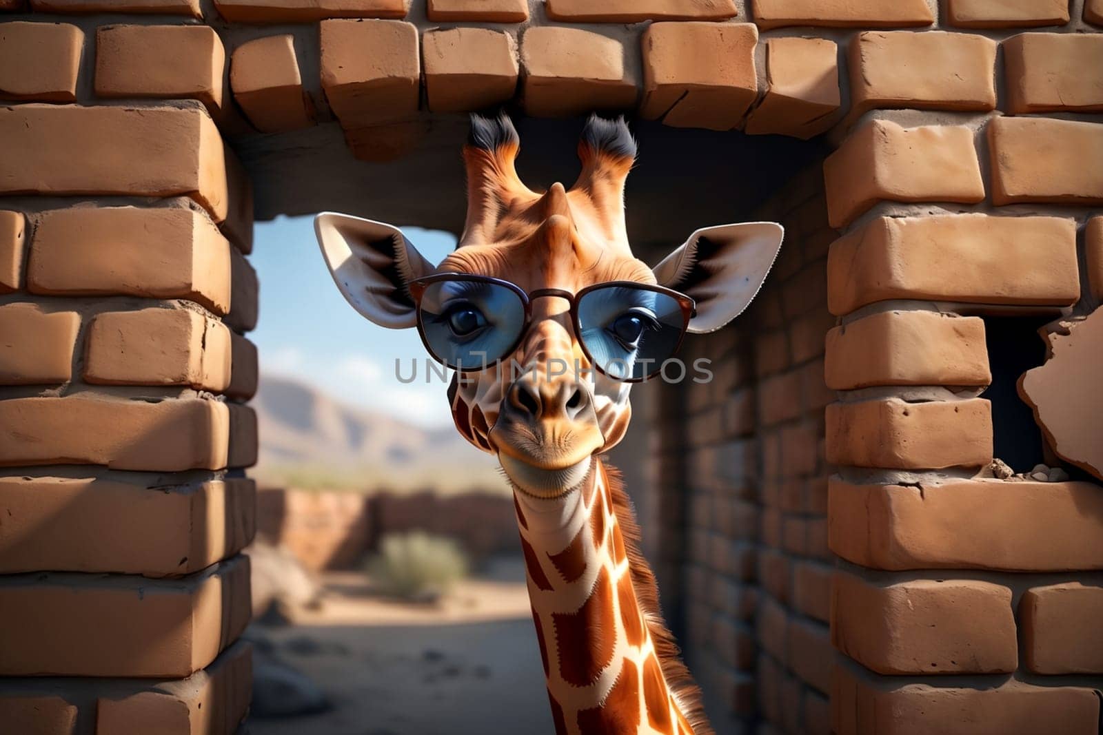 happy giraffe in summer against a brick wall background .