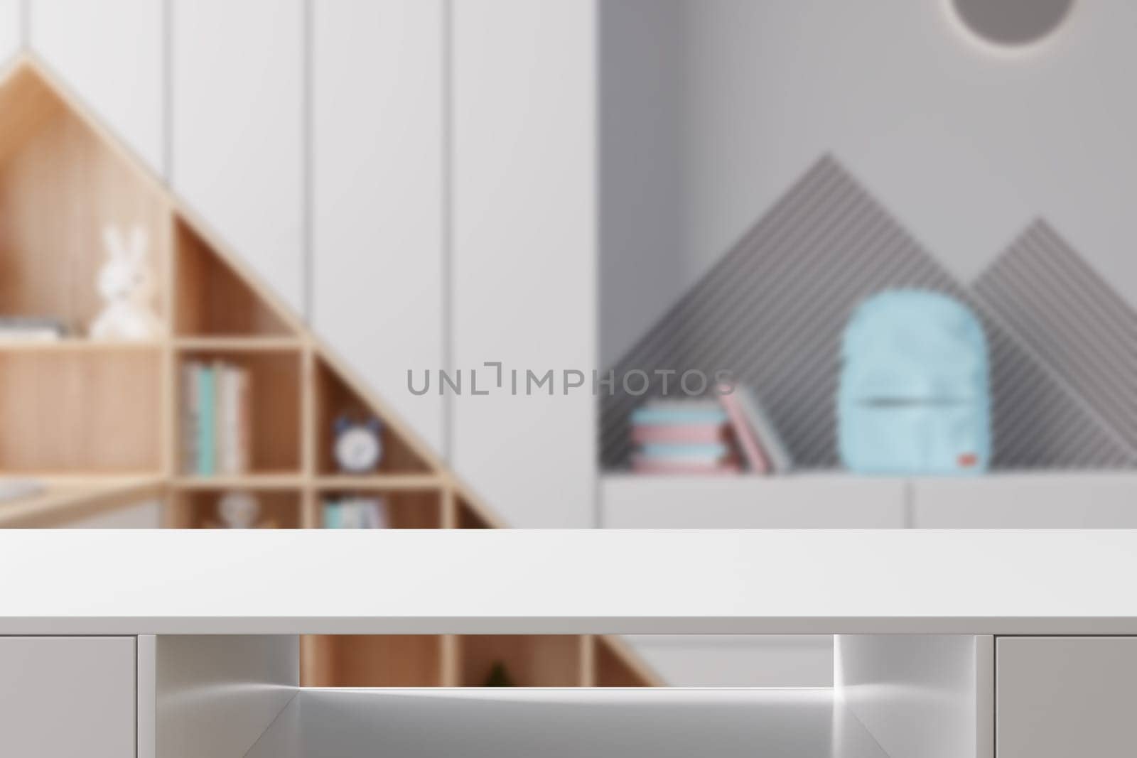 Empty white tabletop foreground with blurred background featuring backpack and books, perfect for product displays and educational themes. Back to school, education concept. Desk front view. 3D