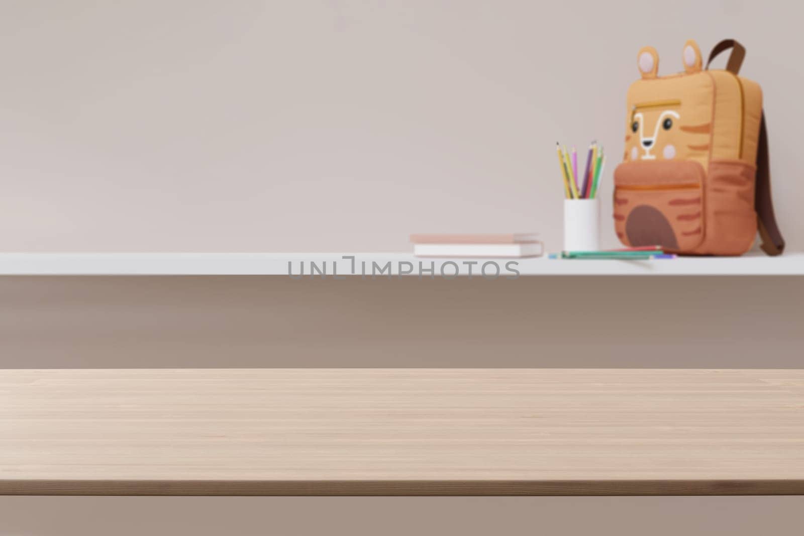 Empty wooden tabletop foreground with softly blurred background featuring school supplies, perfect for product displays and educational themes. Back to school, education concept. Desk front view. 3D