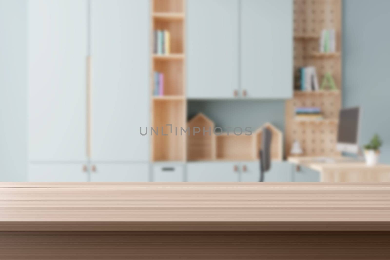 An empty wooden tabletop foregrounds a softly blurred child's learning space, ideal for product display and back-to-school themes. Desk front view. 3D render. by creativebird