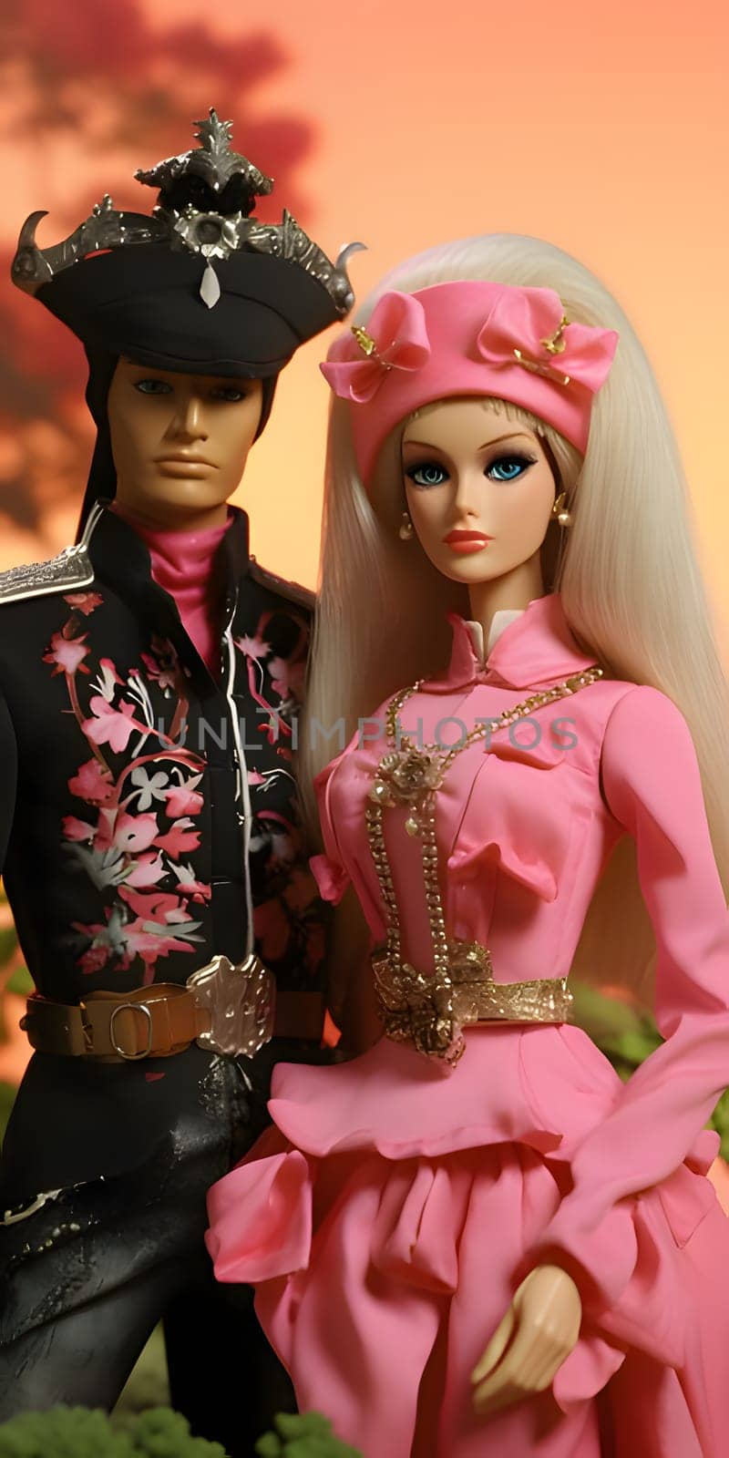 Ken dressed in black and Barbie in pink on a bright background. by ThemesS