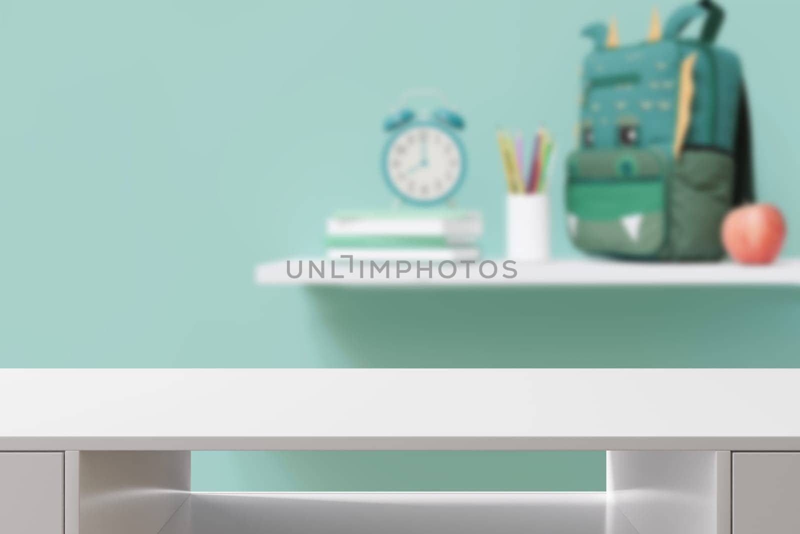 Empty white tabletop foreground with softly blurred background featuring school supplies, perfect for product displays and educational themes. Back to school, education concept. Desk front view. 3D
