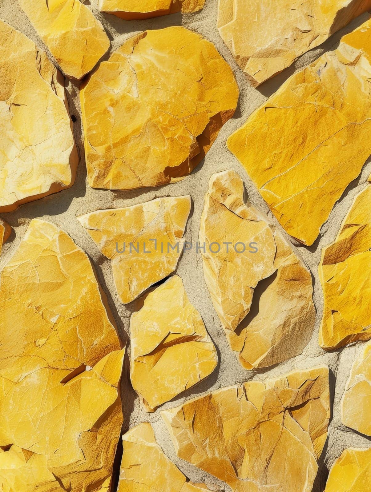 Sunlit textured pattern of yellow stones with shadow play, creating a vibrant and dynamic surface