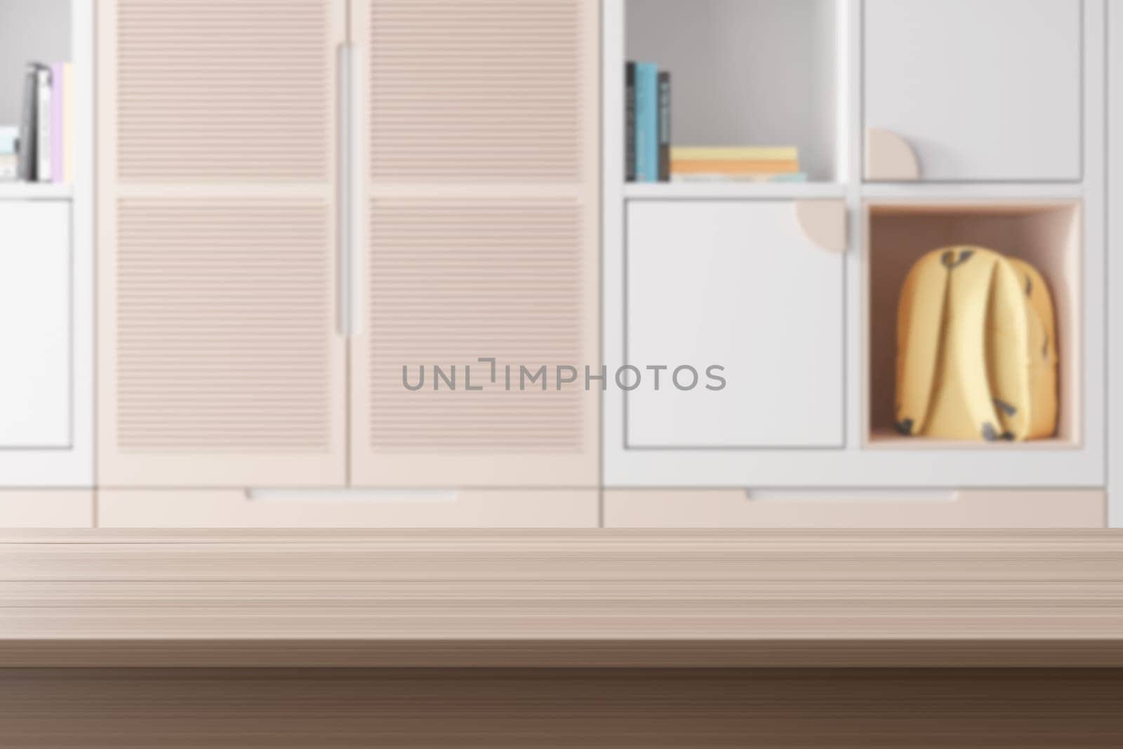 Empty wooden tabletop foreground with blurred background featuring backpack and books, perfect for product displays and educational themes. Back to school, education concept. Desk front view. 3D