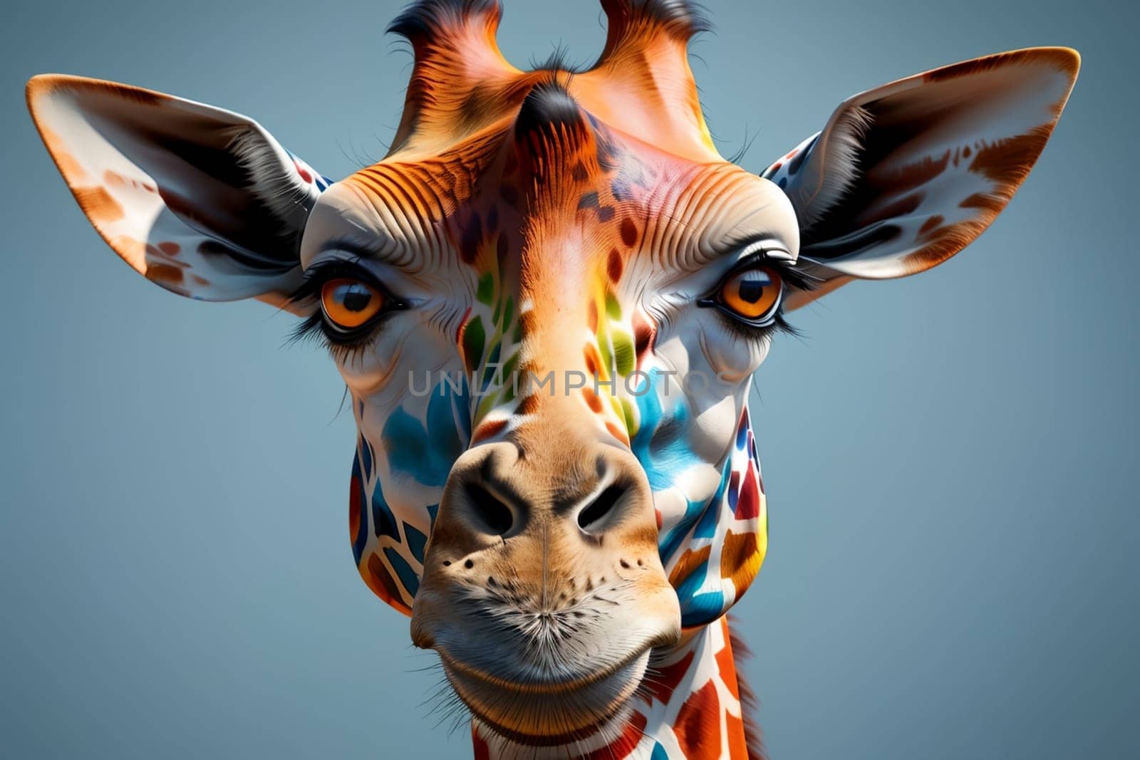 Portrait of a bright multi-colored giraffe .