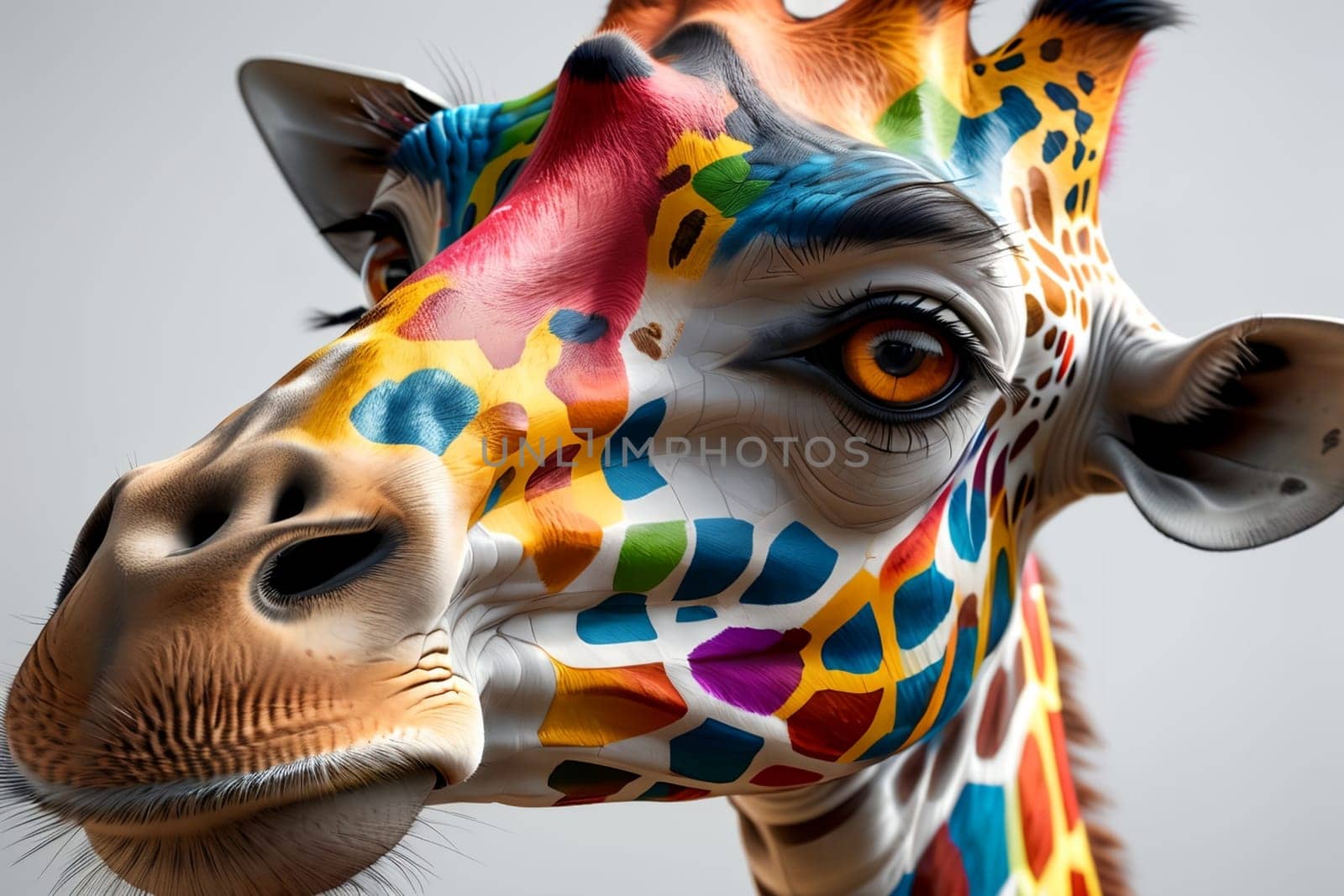 Portrait of a bright multi-colored giraffe .