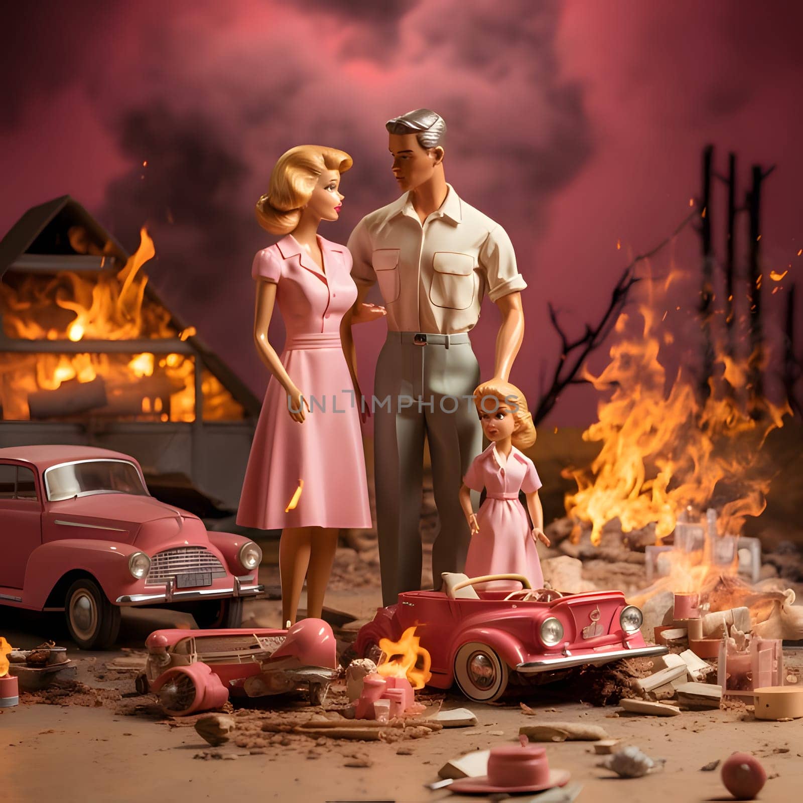 Barbie, Ken, and a brave girl united, facing a burning city with hope. Pink cars surround them, embodying Barbie's signature style. Together, they stand strong.