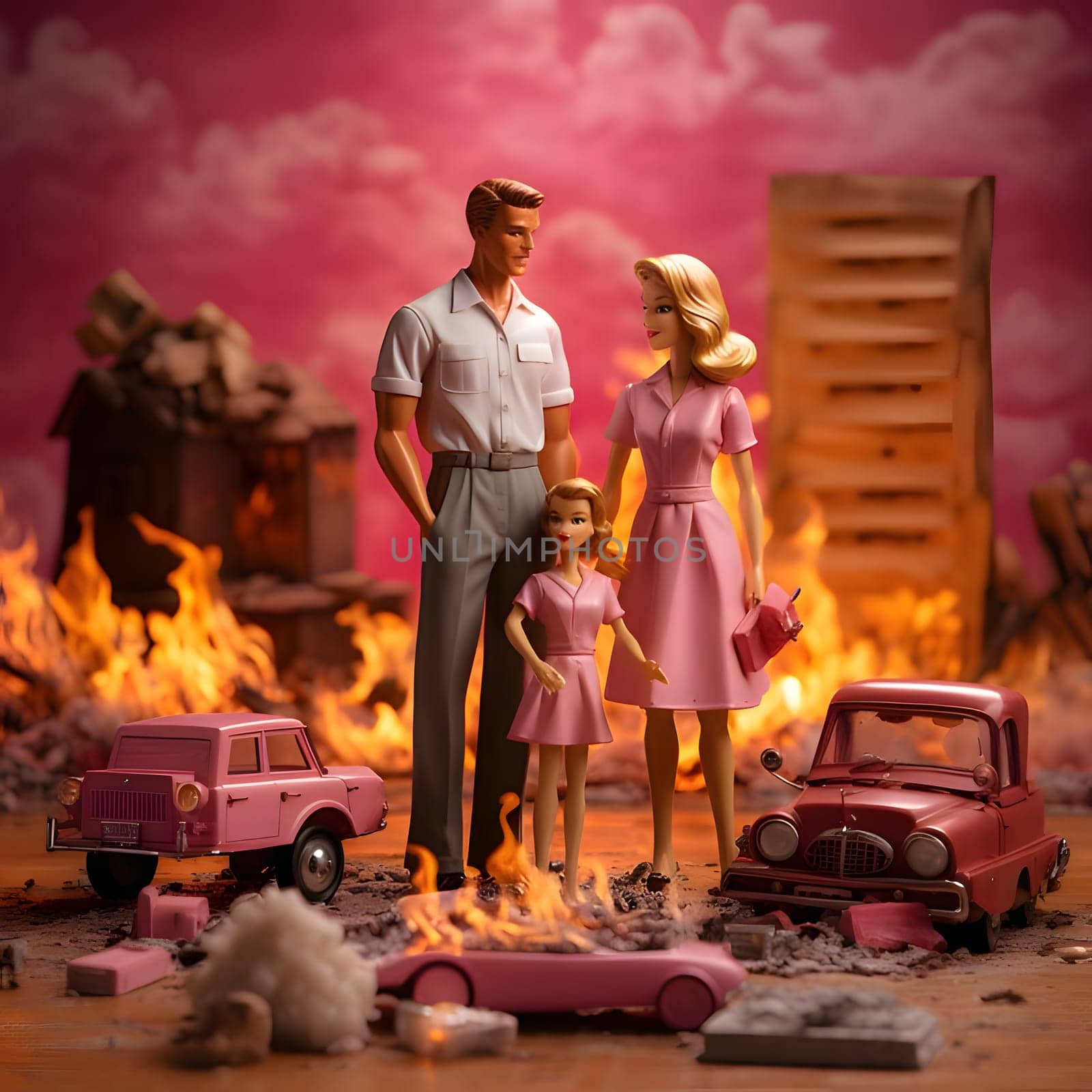 Barbie, Ken and a girl stand against the backdrop of a burning city, with pink cars all around them. by ThemesS