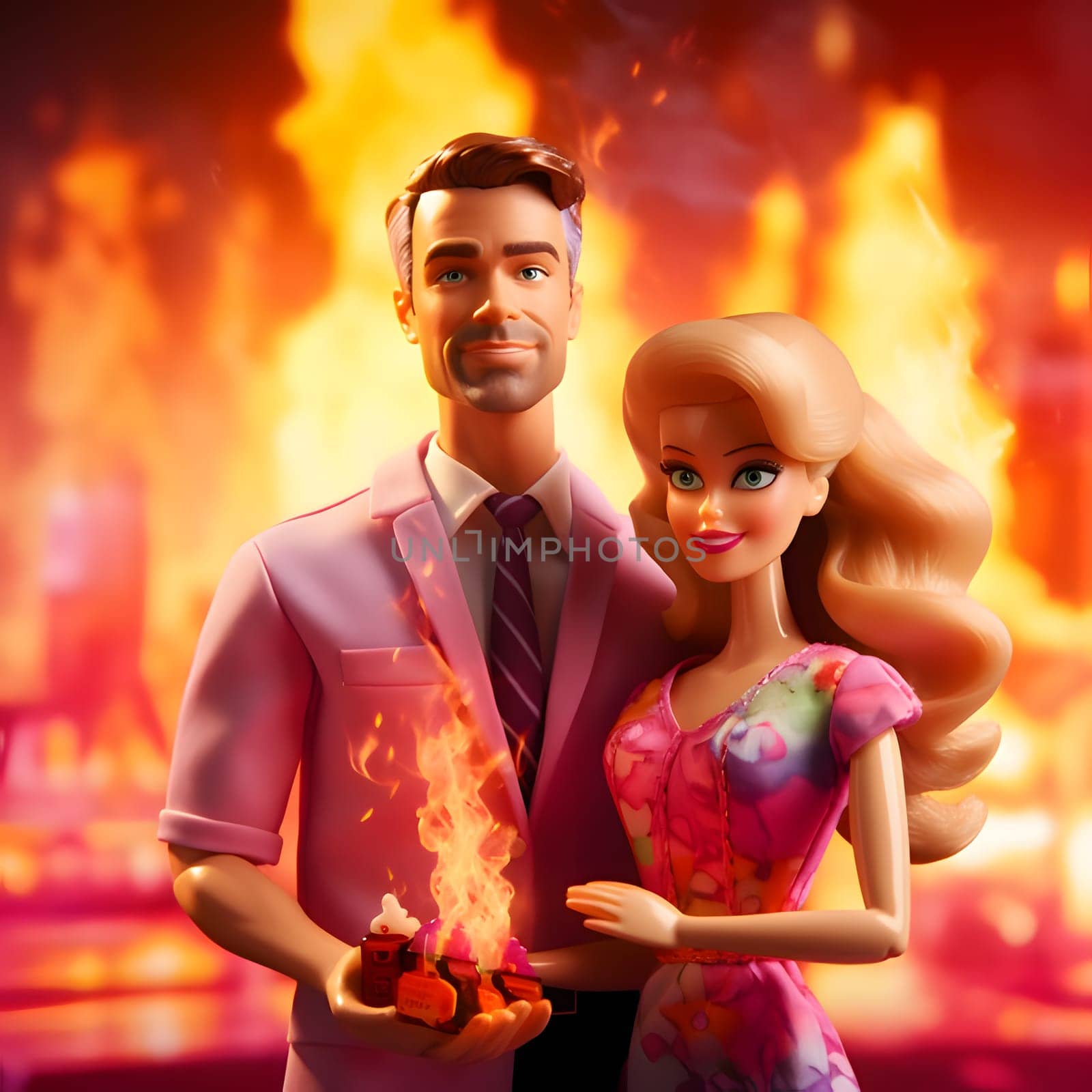 Barbie and Ken against the backdrop of a burning city. by ThemesS