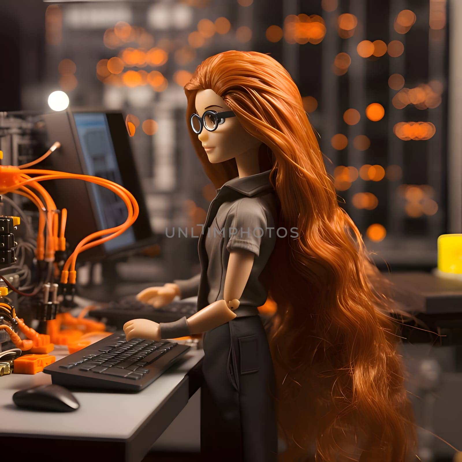 The young Barbie with long brown hair looks focused and determined as she sits in front of her computer, at work.