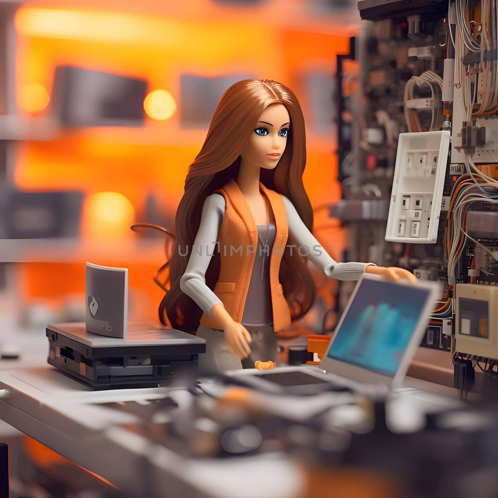 The young Barbie with long brown hair looks focused and determined as she sits in front of her computer, at work.